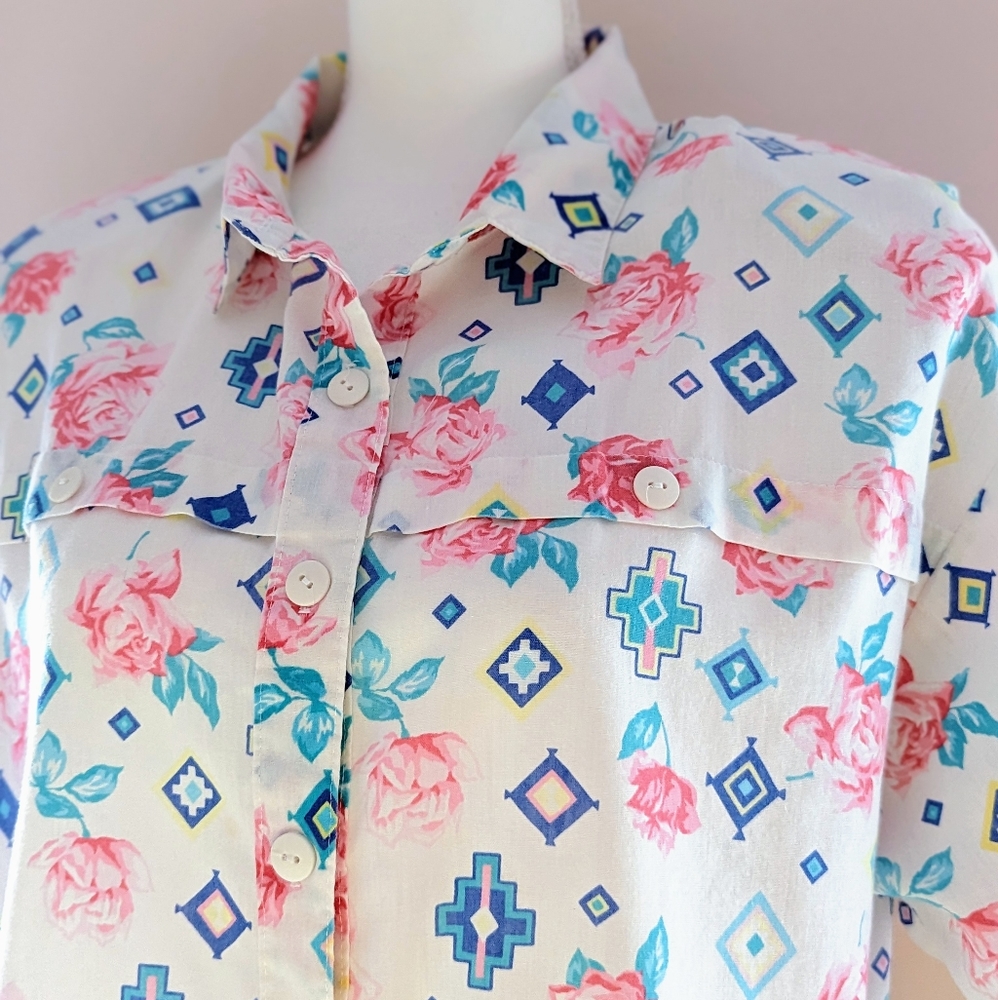 Vintage Floral Blouse Short Sleeve Button Down Collared Colourful Pastel Large